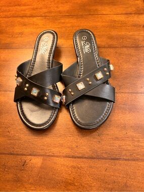 Niki Women’s Black Jeweled Crisscross Slide Sandals
